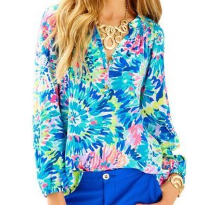 Lilly Pulitzer🌸 Elsa Silk Blouse Dive In RARE Hard to find print Colorful